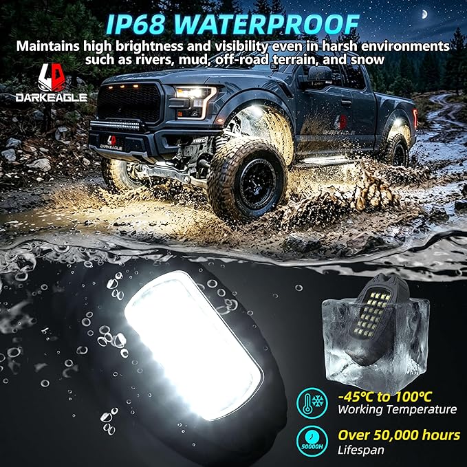 16Pods Metal Pure White LED Rock Lights Kit 6500K for Truck Pickup Offroad | Aluminum Housing, Plug-and-Play & Pre Wired, Switch Wiring Harness Extension Fuse, 384Chips Waterproof 12V, Pure Copper Wire