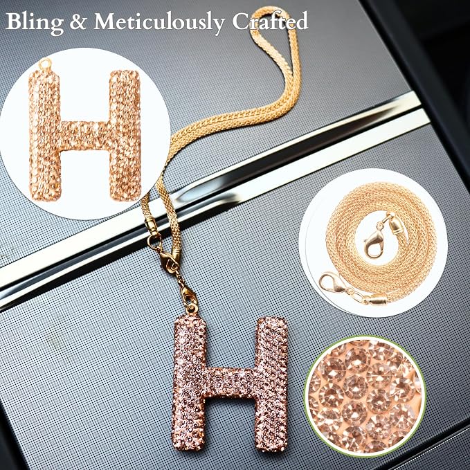 Bling Car Accessories for Women Letter Charm, Rainbow Crystal Rearview Mirror Pendant, Cute Diamond Rhinestone Car Decor, Lucky Gift for Women(H, Champagne Gold)