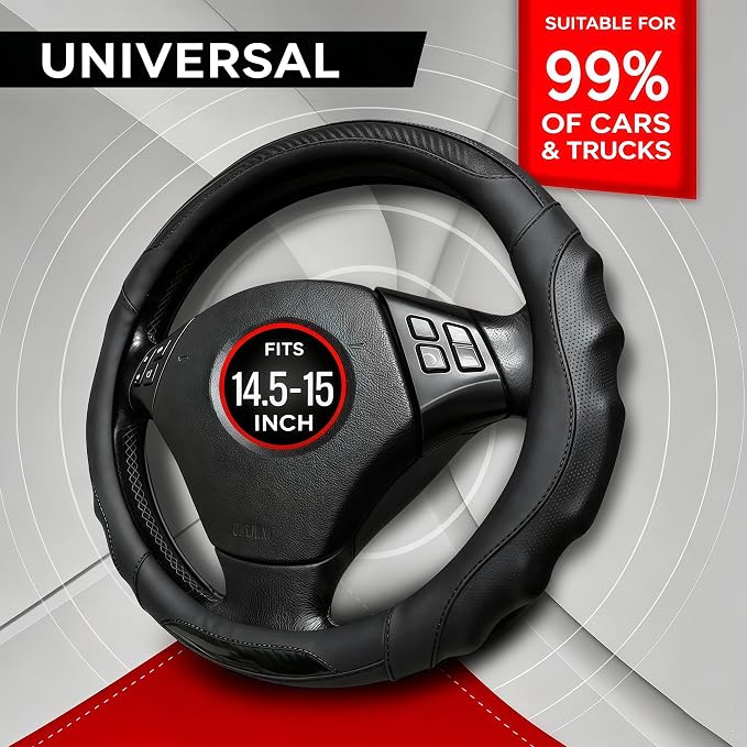 Leather Car Steering Wheel Cover, 14.5-15Inch Anti-Slip Steering Wheel Cover, Universal for Cars Truck SUV, Car Accessories (Black - Black line)