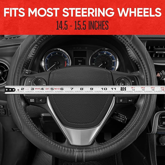 Motor Trend GripDrive Faux Black Leather Steering Wheel Cover for Car Truck Van SUV, Standard 15 inch Size, Gray Accent Stitched Car Steering Wheel Cover Vehicle & Auto Accessories