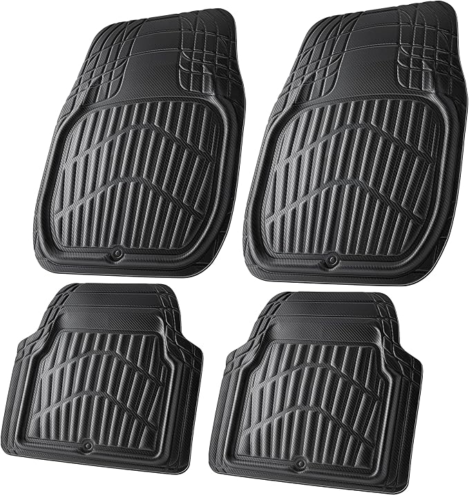 CAR PASS Carbon Fiber Leather Car Floor Mats -3D Waterproof All Weather, Universal Trim to Fit & Anti-Slip Burr Bottom Safety & Light Easy Clean Install for SUV Truck Auto Sedan Van(Black)