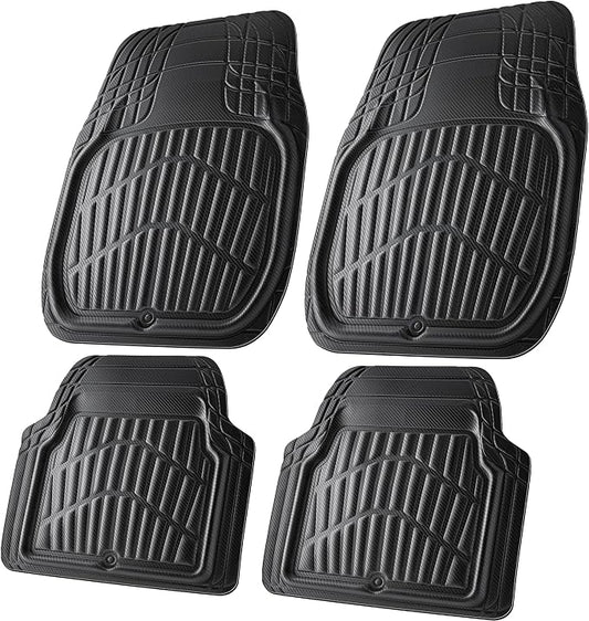 CAR PASS Carbon Fiber Leather Car Floor Mats -3D Waterproof All Weather, Universal Trim to Fit & Anti-Slip Burr Bottom Safety & Light Easy Clean Install for SUV Truck Auto Sedan Van(Black)