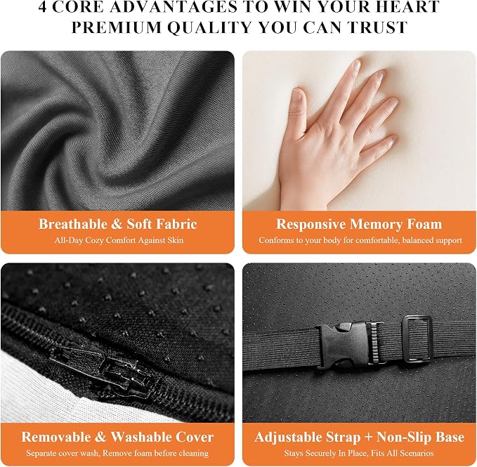 Ergonomic Seat Cushion with Back Support, L-Shaped Memory Foam Seat Cushion with Coccyx Cutout and Non-Slip Base for Office Chair, Car, Truck and Gaming Chair, Black/Gray