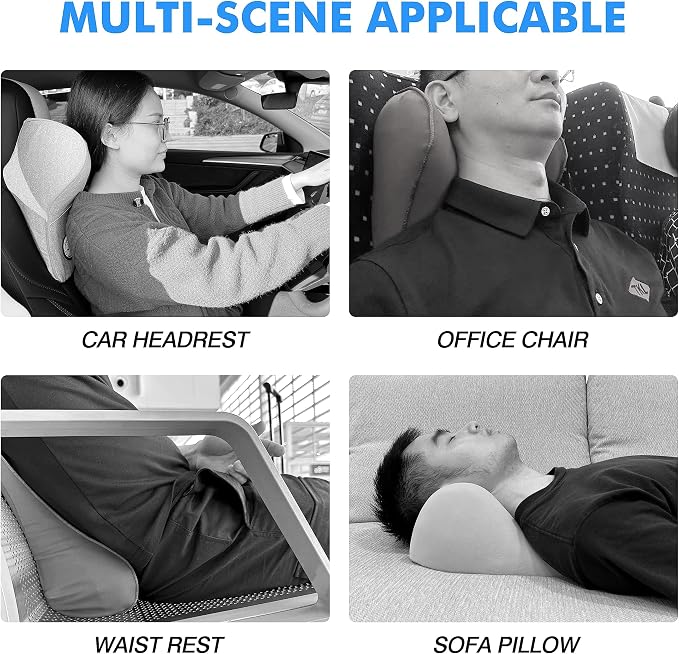 Car Neck Pillow for Driving Seat Car Headrest Pillow with Flexible Strap, 100% Memory Foam Neck Support Pillow for Car, Office Chair Dark Grey Pack of 2