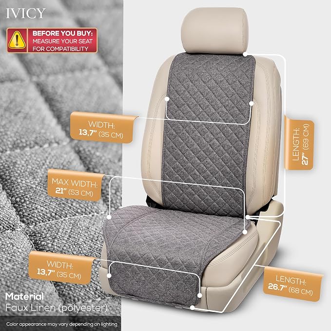 IVICY Faux Linen Front Car Seat Cover – Non-Slip Bucket Seat Protector for Most Cars, SUVs, Vans & Trucks – 1 Seat Cover, Machine Washable, Side-Airbag Friendly, Cool Gray