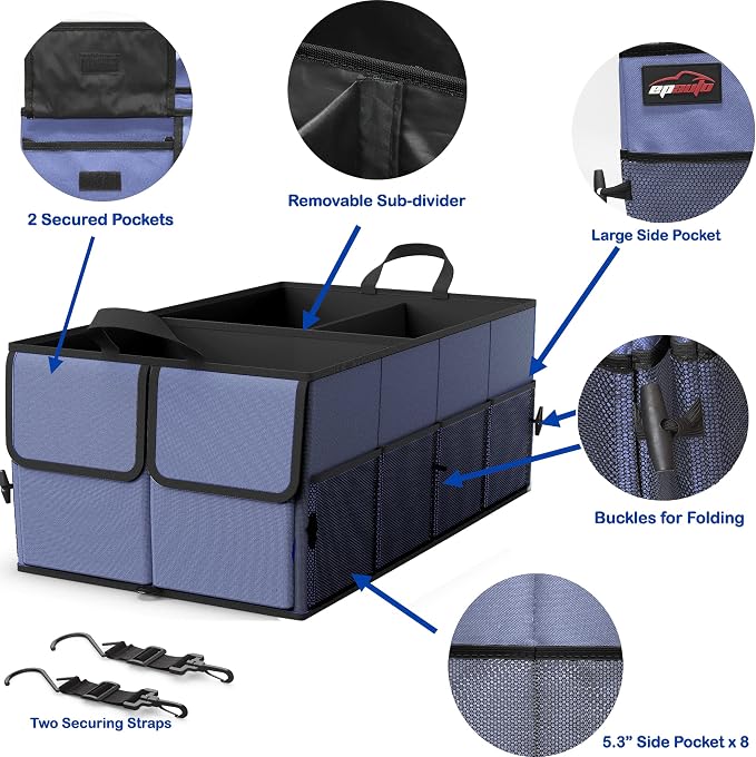 EPAuto Foldable Car Trunk Organizer for SUV, 3-Compartment, Blue | with Removable Divider, Side Pockets and Securing Straps