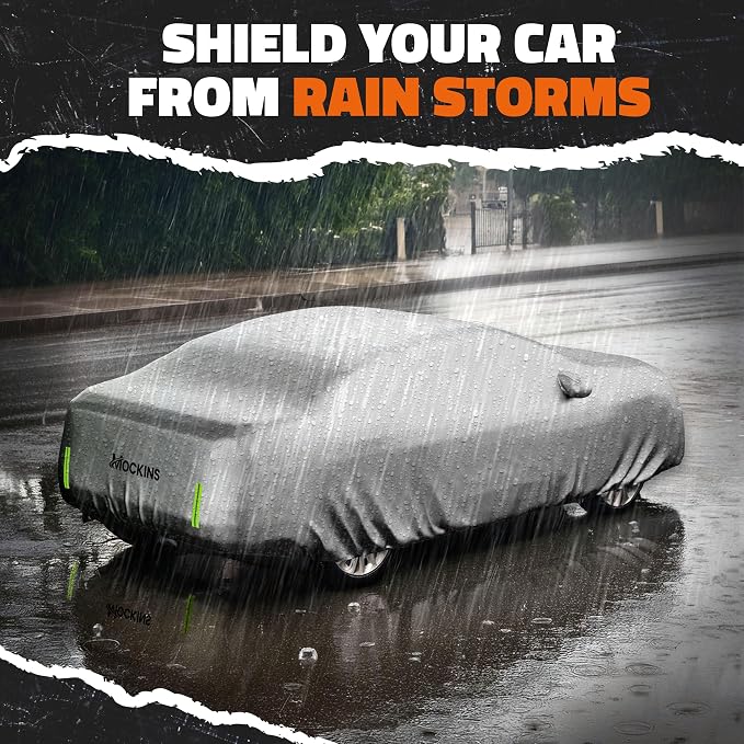 Mockins 185"x70"x60" Small Sedan Car Cover for Snow Frost UV & Light Rain | All Weather 190T Polyester Outdoor & Indoor Car Covers for Automobiles | Water-Resistant Full Exterior Covers with Strap