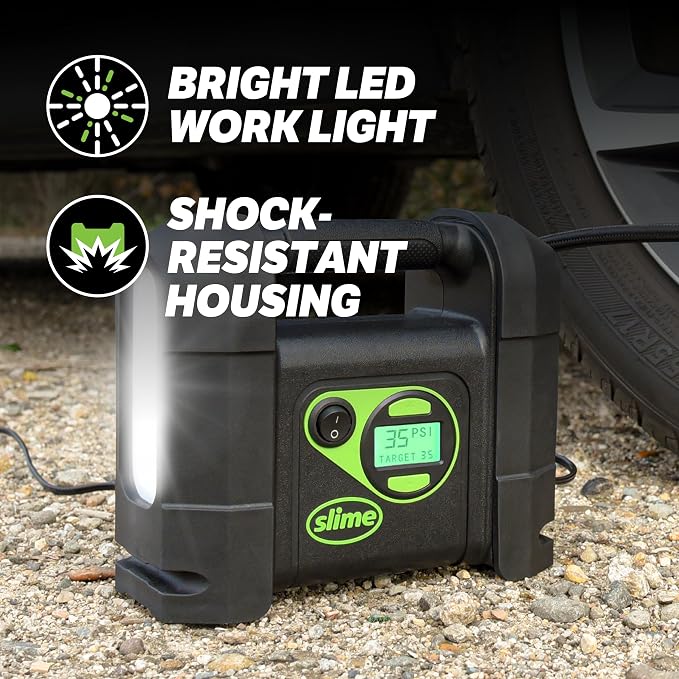 Slime 40047 Tire Inflator, Portable Car Air Compressor, Rugged, Inflate Right automatic shut off, with Digital 99 psi Display, Long Hose and LED Light, 12V, 4 min inflation