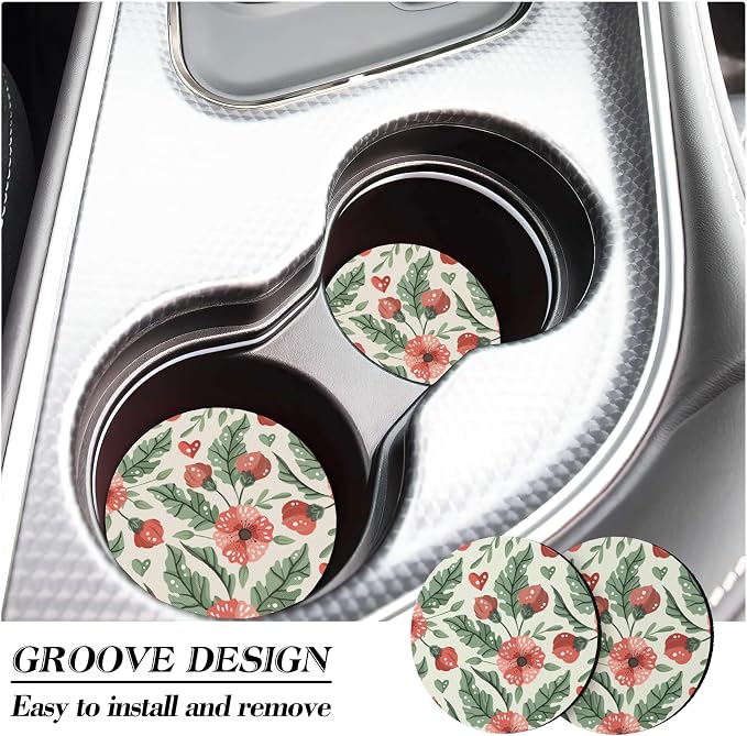 Car Coasters for Drinks Absorbent，Cute Car Accessories for Women and Lady，2 Pack 2.95inch Car Cup Holder Coasters，Universal Non Slip Cup Holder Insert Coaster (Red Flower)