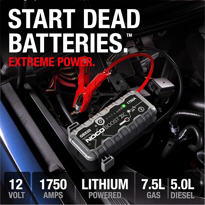 NOCO Boost X GBX55: 1750A UltraSafe Jump Starter – 12V Lithium Battery Booster Pack, Portable Jump Box, Power Bank & Jumper Cables - for 7.5L Gas and 5.0L Diesel Engines