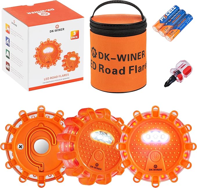 LED Road Flares roadside emergency car kit emergency road flares Kit with Magnetic Base for Vehicles & Boat | 9 Flash Modes(with Batteries) (3pack)