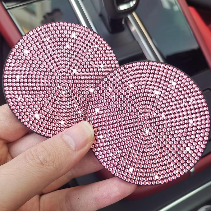 NBTEPEM 2pcs Bling Car Cup Holder Coaster, 2.75 inch Anti-Slip Shockproof Universal Fashion Car Coasters Insert Bling Crystal Rhinestone Automotive Interior Accessories for Women (2 pcs, Pink)