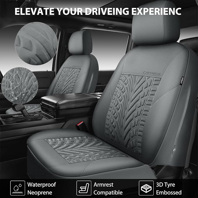 CAR PASS Neoprene Waterproof Seat Covers Full Sets, Wetsuit Car Seat Covers 5 Seats Universal Fit for Vans, Truck, SUV, 3D Tyre Embossed Seat Covers Anti Slip with Armrests, Aibag Compatible(All Gray)