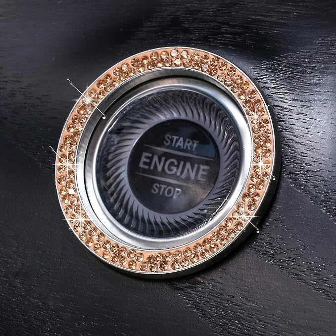 ToBeQueen Push Start Button Bling Ring Emblem Sticker - 2pcs Girly Car Decor, Champagne