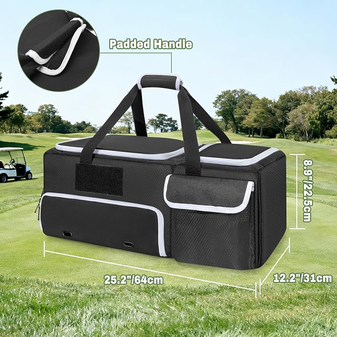 DSLEAF 2 Layer Golf Trunk Organizer, Golf Car Locker for Men & Women, Black | Reinforced Structure, Bottom Shoe Space for 2 Pair of Golf Shoes, Multiple Pockets for Balls, Tees and Gloves