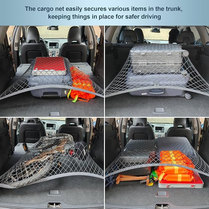 Elastic Cargo Net for SUV Trunk, 31.5"x23.6" to 70.8"x47.2", Gray | Stretches to 70.8"x47.2", high-density mesh, tool-free install with ABS hooks. Safe materials certified.
