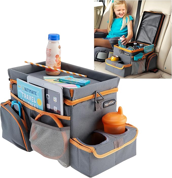 High Road CarHop Car Caddy Organizer with Tray, Trip Cooler and Cup Holder | Middle Seat Organizer for Kids Toys and Snacks in the Backseat and Passenger Seat Car Snack Organizer for Drivers