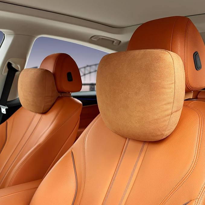 2pcs Car Neck Pillow for headrests,Support Drive Seats Head Cushion Pillows,Superfiber Suede,Plant-Based Polyester,Thickness & Height Adjustable,11.8x7.5,Inner Liner fillable(Orange Brown)