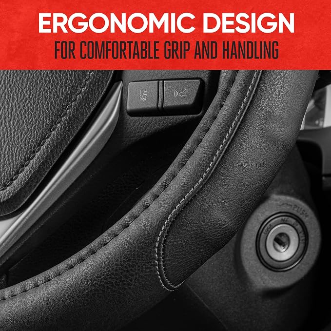 Motor Trend GripDrive Faux Black Leather Steering Wheel Cover for Car Truck Van SUV, Standard 15 inch Size, Gray Accent Stitched Car Steering Wheel Cover Vehicle & Auto Accessories