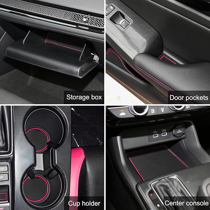 for Honda Civic Accessories 2022 2023 2024 2025 2026 11th Gen Sedan Cup Holder Insert Center Console Liner Door Slot Mats Pad Coaster Trim Premium Rubber Custom Interior 17PC Set (Pink Trim)