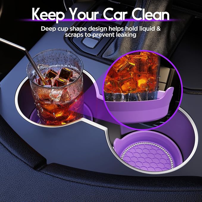 Amooca Car Cup Coaster Universal Non-Slip Cup Holders Bling Crystal Rhinestone Car Interior Accessories 4 Pack Purple