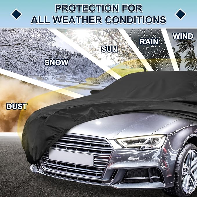 Black Heavy Duty Waterproof Car Cover for Sedan 179"-185" - All-Weather UV Protected Outdoor Full Exterior Cover with Sun/Snow/Rain Resistance