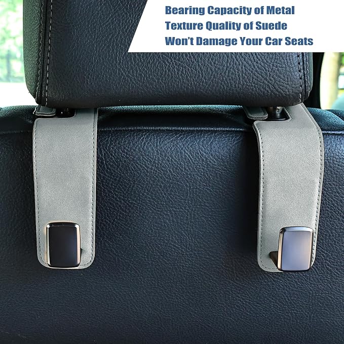 Amooca Car Seat Back Hook Universal Auto Storage Hanger Suede with Metal Car Seat Organizer for Handbag Purse Coat Umbrellas Grocery Bags 2 Pack Light Gray
