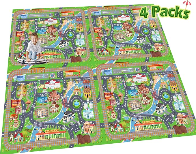 Car Rug Play Mat for Kids Toy Cars, 4 Packs 3'x4'/ 36"x48" Road Traffic Playmat for Kid Bedroom, Non-Slip Machine Washable Town City Race Track Carpet for Learn and Have Fun