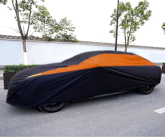 MORNYRAY Waterproof Car Cover All Weather Snowproof UV Protection Windproof Outdoor Full car Cover, Universal Fit for Sedan (Orange, A0-Fit Sedan Length(Up to 153 inch)