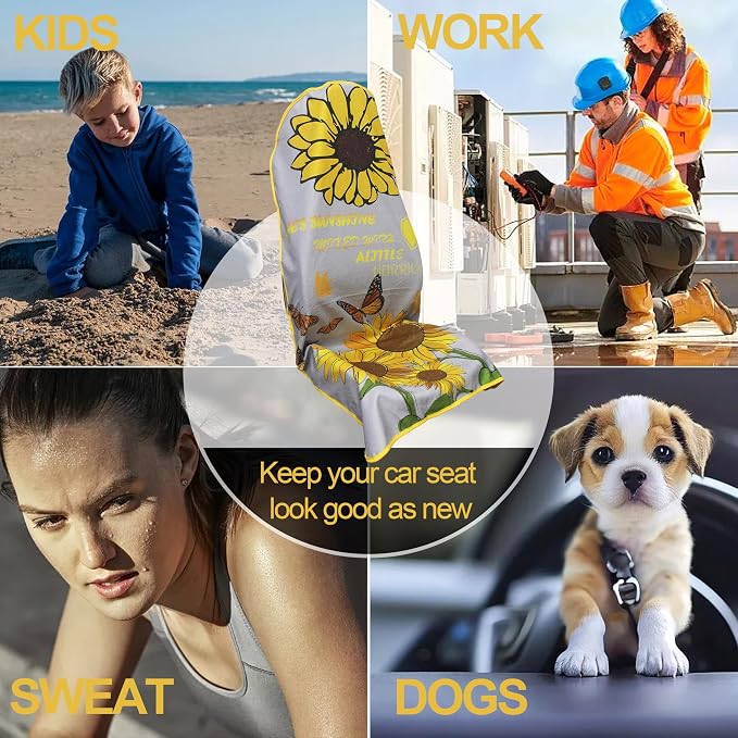 Waterproof Car Seat Cover for Front Seats, Protector for Cars SUVs Trucks, Sweat Towel Seat Covers Bucket for Gym,Workout,Beach,Hiking,Running Swimming (Sun Flower, 1PC)