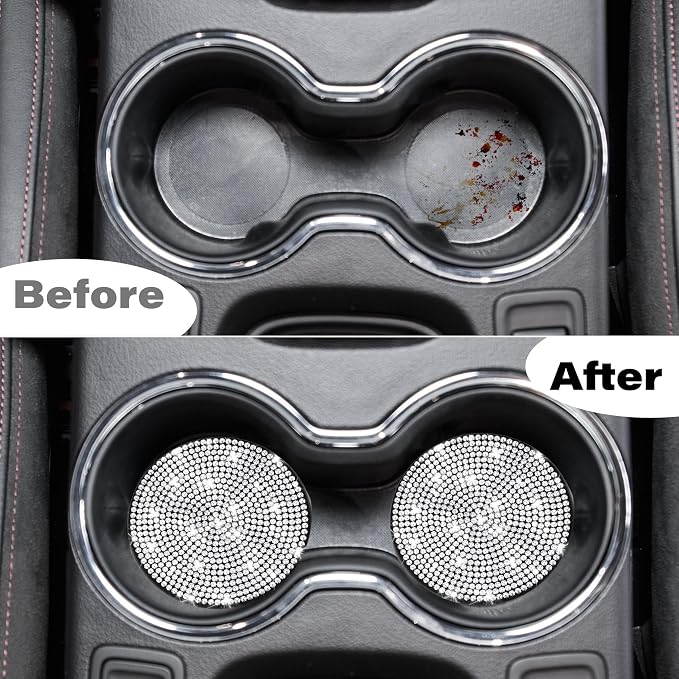 BFXM 2 PCS Bling Cup Holder Coaster, Car Accessories for Women 2.75 inch Diamond Universal Non-Slip Silicone Cup Holder Coasters, Sparkly Bling (White)