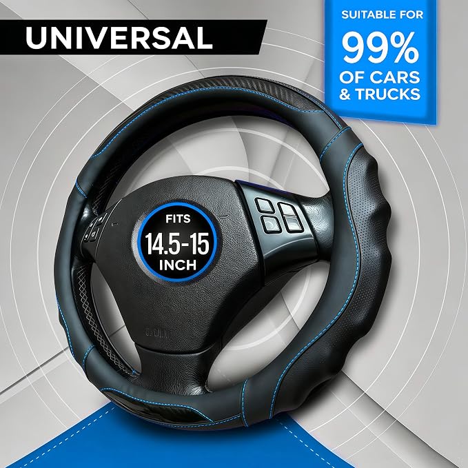 Leather Car Steering Wheel Cover, 14.5-15Inch Anti-Slip Steering Wheel Cover, Universal for Cars Truck SUV, Car Accessories (Black - Blue line)
