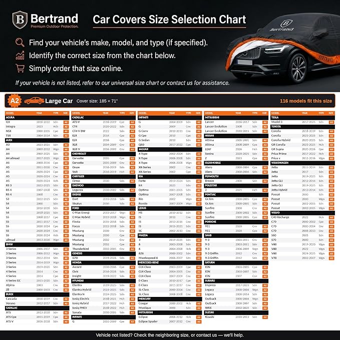 BERTRAND Heavy Duty Sedan Car Cover Waterproof All Weather - Snow, Rain & UV Outdoor Protection | Cotton-Lined, Up to 8-Point Anchoring + Door Zipper | Large Sedans, Black-Orange (185x71, A2)