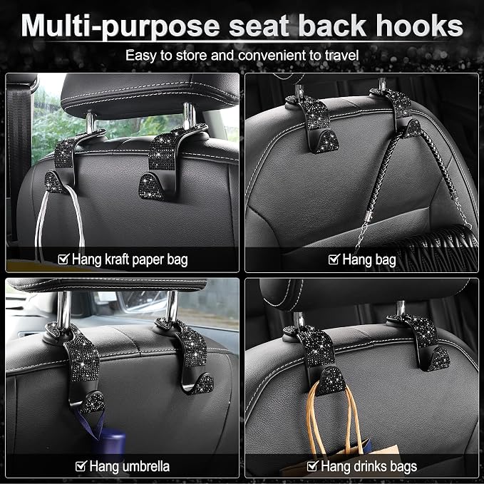 LivTee Car Seat Headrest Hook, Auto Seat Hook Hangers Storage Organizer Interior Accessories for Purse Coats Umbrellas Grocery Bags Handbag, 4-Pack(Bling Black)