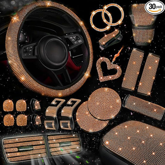 NBTEPEM 30 Pcs Orange Bling Car Accessories Set for Women, Steering Wheel Cover Set, Bling Console Cover, Seat Belt Cushion, Shift Knob Cushion, Cup Holder Coaster, Rhinestone Car Hanging Accessories