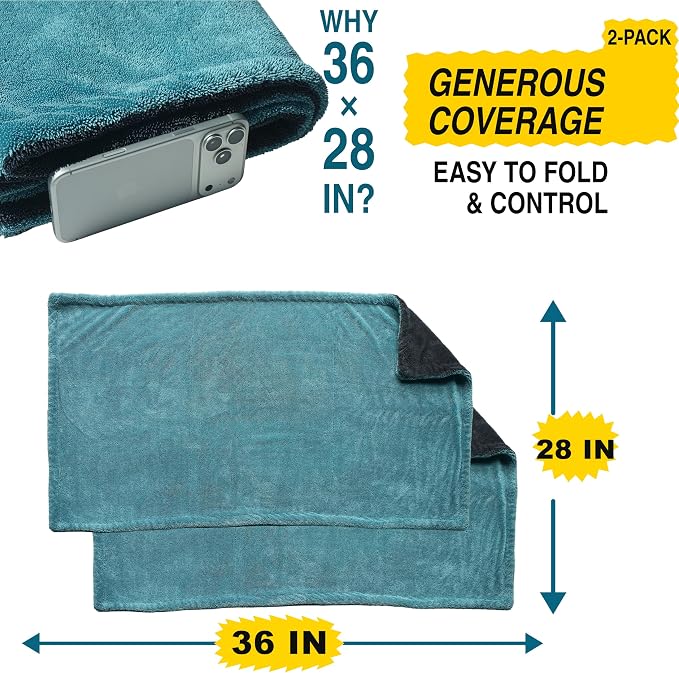 teworld® 2-Pack Car Drying Towels, Large 36 x 28 Inch, 1300 GSM, Dual-Color | Twisted Loop Microfiber Towel for Cars - Absorbent Car Dry Towel and Car Wash Towel for Streak-Free, Paint-Safe Car Detailing