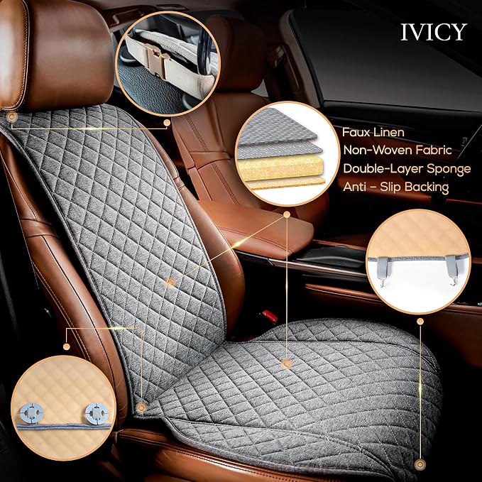 IVICY Faux Linen Front Car Seat Cover – Non-Slip Bucket Seat Protector for Most Cars, SUVs, Vans & Trucks – 1 Seat Cover, Machine Washable, Side-Airbag Friendly, Cool Gray