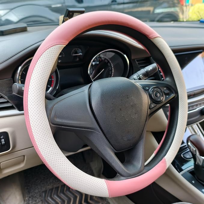 Breathable Perforated Leather Steering Wheel Cover, Universal 15-inch car Steering Wheel Grip, Soft and Comfortable, Breathable and Non-Slip, Suitable for sedans, Vans, SUVs (Pink)
