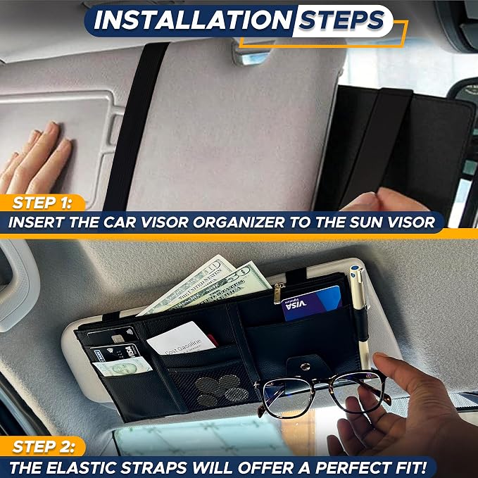 EcoNour Car Sun Visor Organizer (Black) | Multi-Pocket Net Zipper Case for Cash, Card, Pen & Sunglass | Visor Organizer Storage Pouch | Interior Accessories with Pocket for Car & Truck | Small