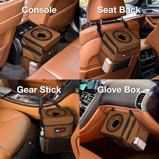 EPAuto Waterproof Car Trash Can with Lid and Pockets, 2.5 Gal, Brown | Leakproof, Collapsible Multipurpose Car Bin with 3 Side Storage Pockets, Adjustable Straps