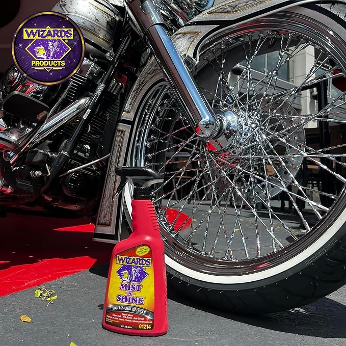 Wizards Mist-N-Shine Quick Detailer Spray - Waterless Wash - 22 oz | Anti-Static Formula for Paint, Chrome, Glass, Plastic, and Rubber Trim, Wax-Free, No Petroleum Solvents, Cars, Bikes, Boats