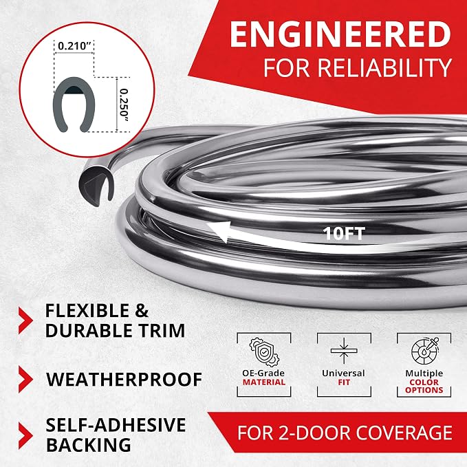 All-Fit Automotive Car Door Edge Protector – Universal DIY Edge Trim to Prevent Scratches & Dings – Flexible Adhesive Molding Trim for Cars, Trucks & SUVs (10 Ft - Chrome)