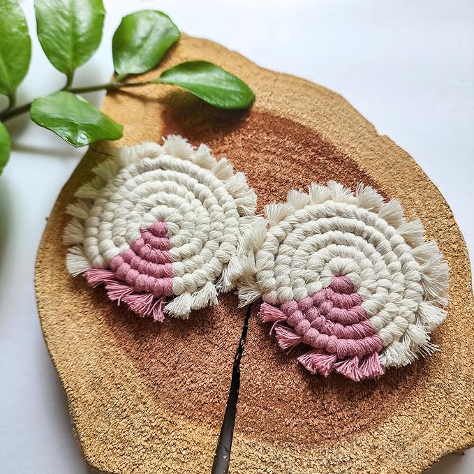 Cotton Car Coasters for Cup Holders, 2PC Car Cup Coasters, Drink Coaster Holder, Cute cupholder Coaster Accessories for Women, Macrame, Boho (Blush Blossom)