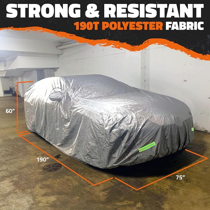 Mockins 190"x75"x60" 190T Polyester Soft Sedan Car Cover with Zipper Door | Indoor & Outdoor Weatherproof Car Covers for Automobiles | Full Exterior Covers for Snow, Frost, UV, Light Rain & Foliage