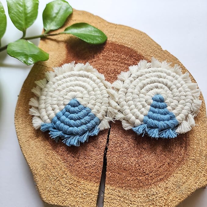 Cotton Car Coasters for Cup Holders, 2PC Car Cup Coasters, Drink Coaster Holder, Cute cupholder Coaster Accessories for Women, Macrame, Boho (Clear Sky)