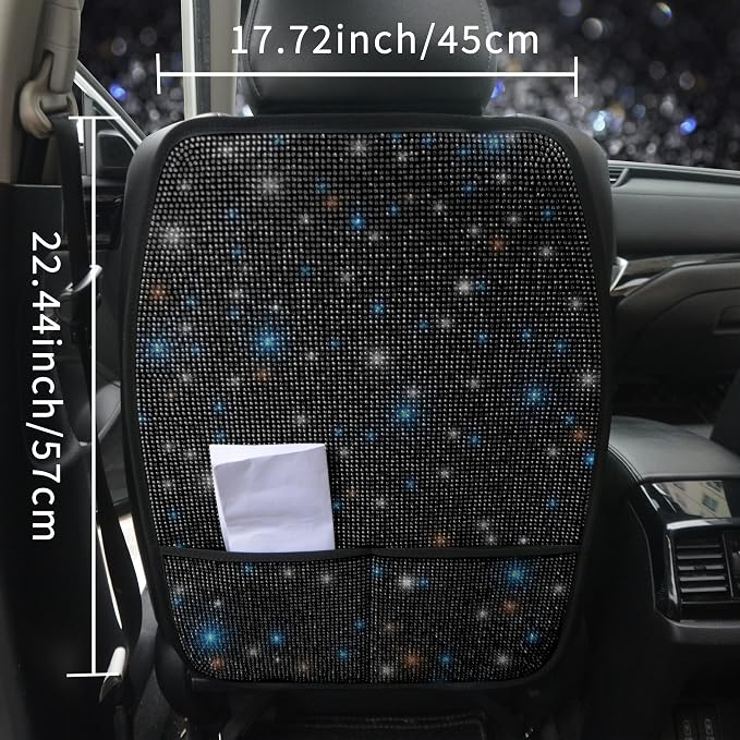 Diamond Bling Car Seat Kick Mats with Storage – Back Seat Protectors with Sparkly Rhinestones for Girls & Women, Crystal Kick Covers for Automotive Interior Accessories Black 2pcs