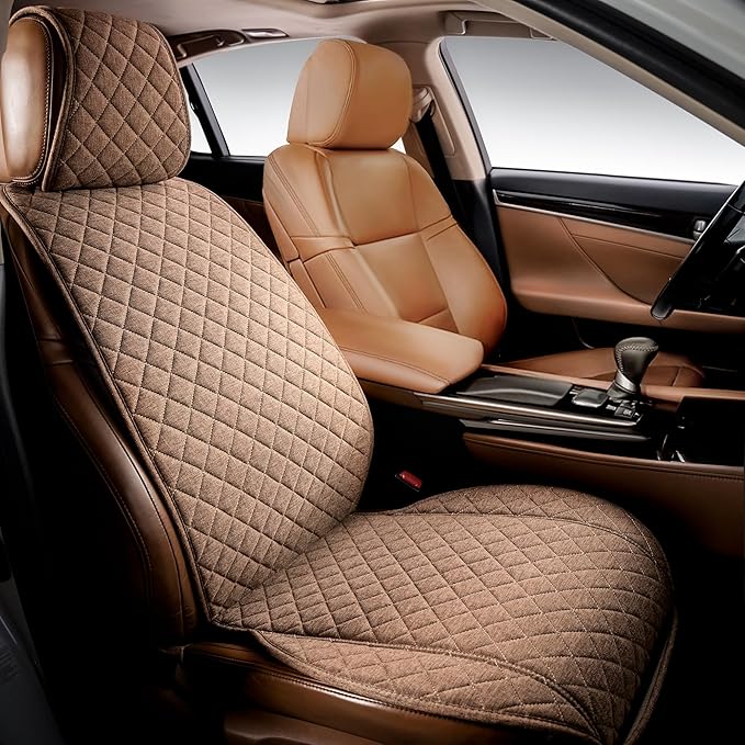 IVICY Faux Linen Front Car Seat Cover – Non-Slip Bucket Seat Protector for Most Cars, SUVs, Vans & Trucks – 1 Seat Cover, Machine Washable, Side-Airbag Friendly, Light Brown