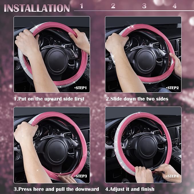 CAR PASS Bling Diamond Leather Steering Wheel Cover, with Bling Sparkly Crystal Glitter Rhinestones Universal Fit 13" 1/2-14" Car Wheel Protector for Women Girl Fit Suvs,Vans,Sedans,Car,Trucks, Pink