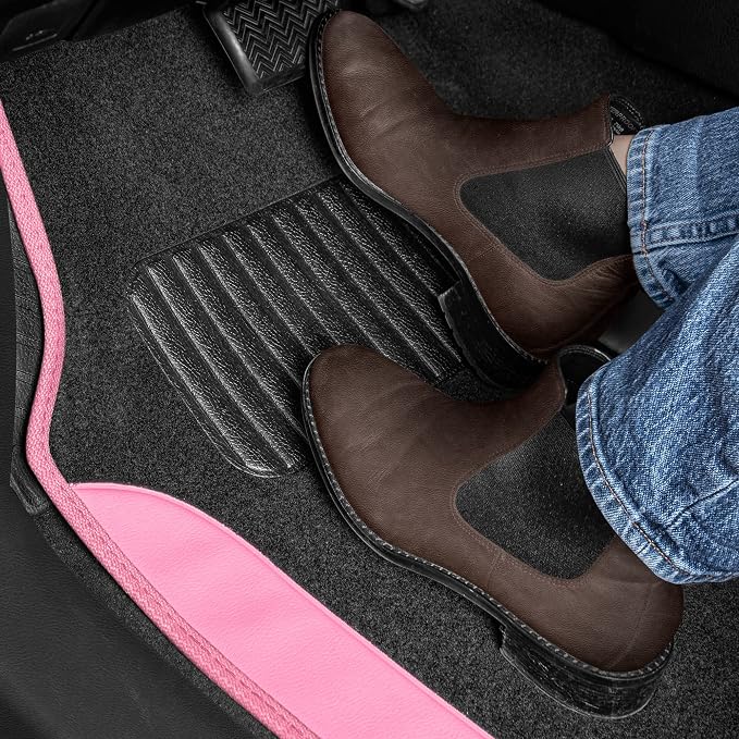 BDK Carpet Floor Mats for Cars, Two-Tone Carpet Car Mat with Faux Leather Accents, Automotive Floor Mat Sets with Built-in Heel Pad, Stylish Interior Car Accessories Pink