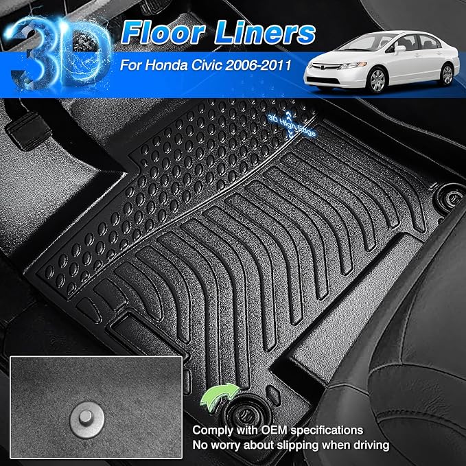 Civic Floor Mats - Car Mats for Honda Civic 2006-2011(Not Fit Coupe Model), All Weather Floor Mat for Civic Accessories, Heavy Duty Rubber Mats, Car Accessories